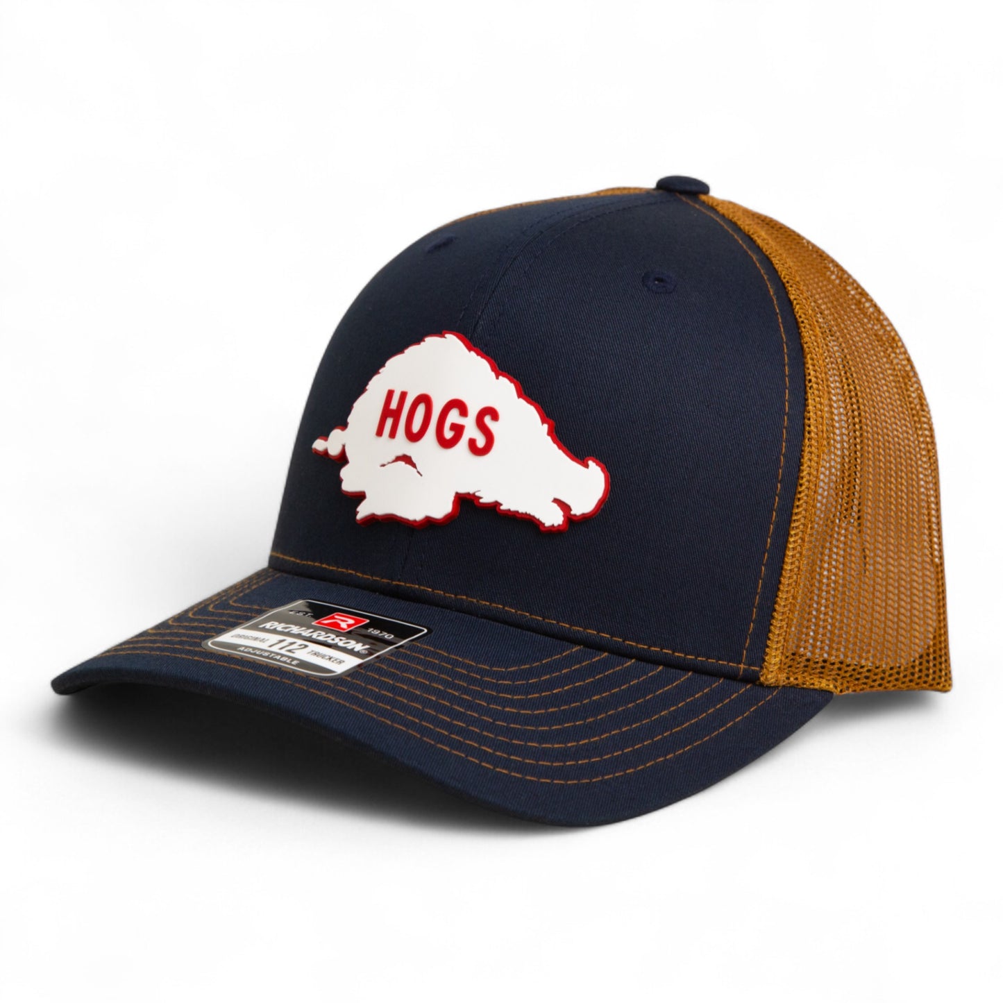 Arkansas Razorbacks Retro HOGS White 3D Snapback Trucker Hat- Navy/ Carmel