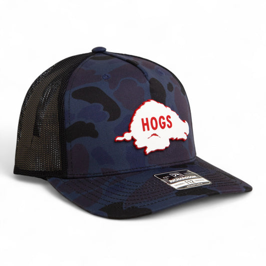 Arkansas Razorbacks Retro HOGS White 3D Snapback Trucker Hat- Admiral Duck Camo/ Black