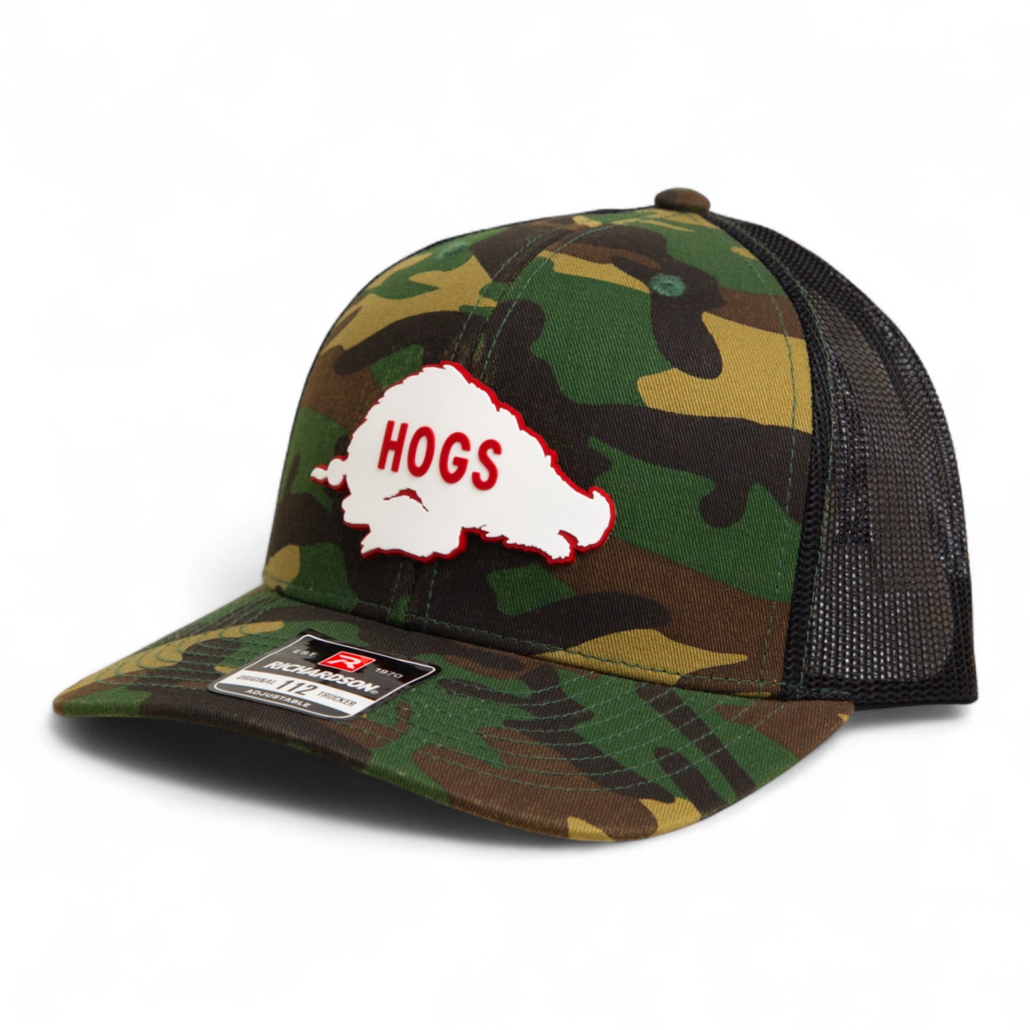 Arkansas Razorbacks Retro HOGS White 3D Snapback Trucker Hat- Army Camo/ Black