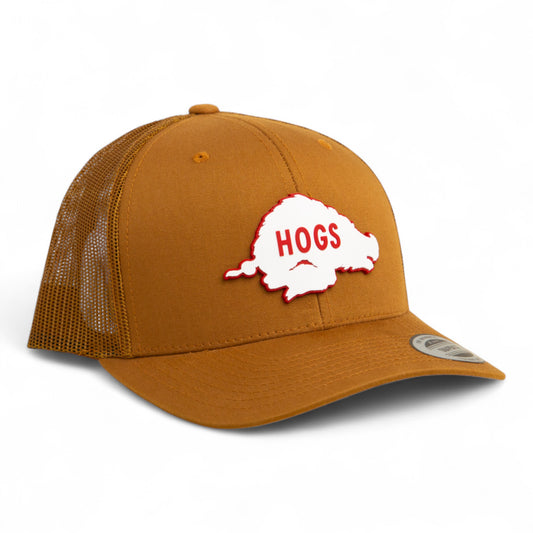 Arkansas Razorbacks Retro HOGS White 3D YP Snapback Trucker Hat- Caramel