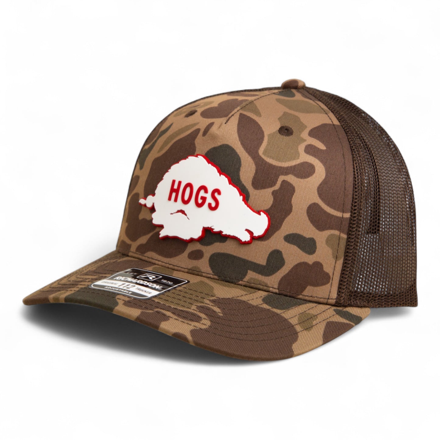 Arkansas Razorbacks Retro HOGS White 3D Snapback Trucker Hat- Bark Duck Camo/ Brown