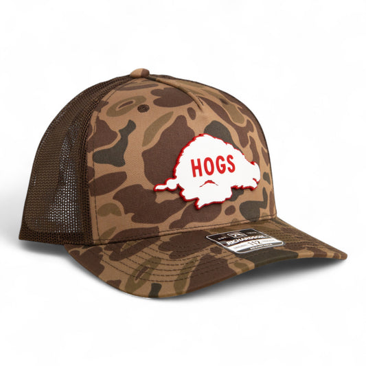 Arkansas Razorbacks Retro HOGS White 3D Snapback Trucker Hat- Bark Duck Camo/ Brown