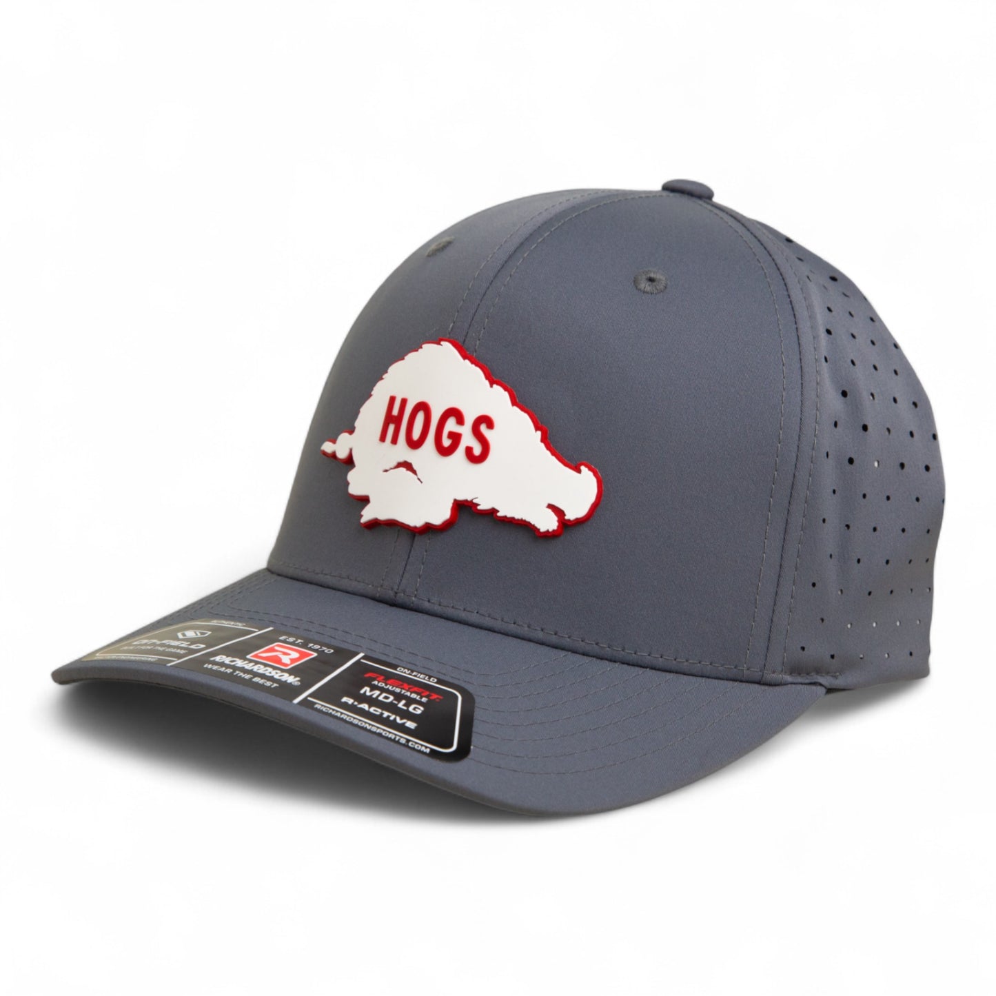 Arkansas Razorbacks Retro HOGS White 3D Laser Perf R-Flex Cap- Charcoal