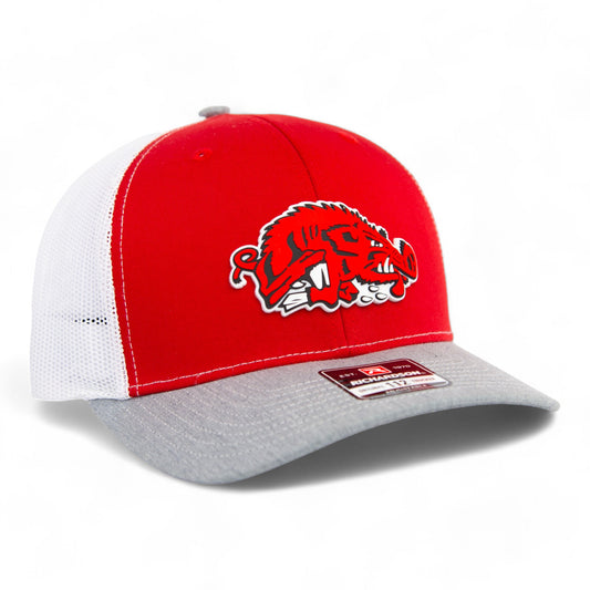Arkansas Razorbacks Slobbering Hog 3D Snapback Trucker Hat- Red/ White/ Heather Grey