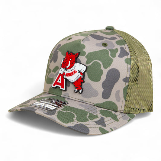Arkansas Razorbacks Leaning A 3D Snapback Trucker Hat- Marsh Duck Camo/ Loden