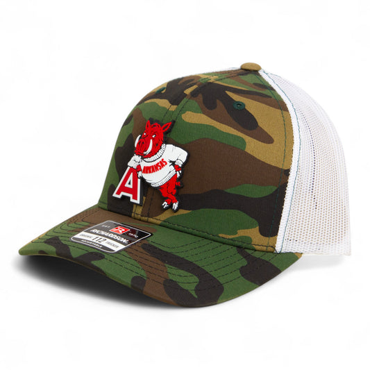Arkansas Razorbacks Leaning A 3D Snapback Trucker Hat- Army Camo/ White