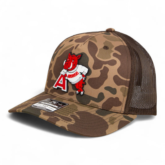 Arkansas Razorbacks Leaning A 3D Snapback Trucker Hat- Bark Duck Camo/ Brown