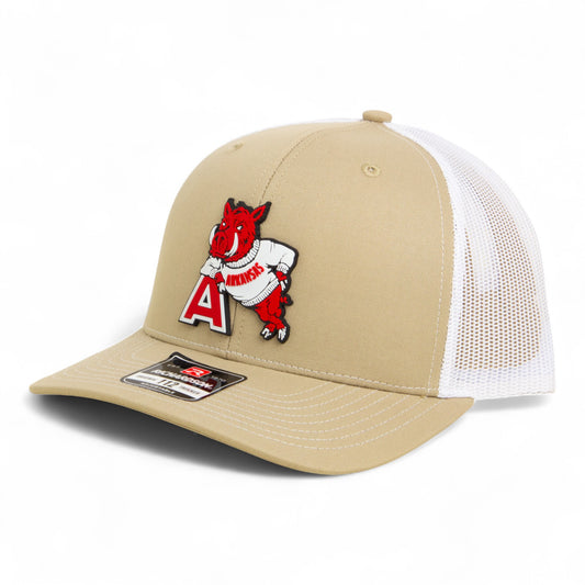 Arkansas Razorbacks Leaning A 3D Snapback Trucker Hat- Tan/ White