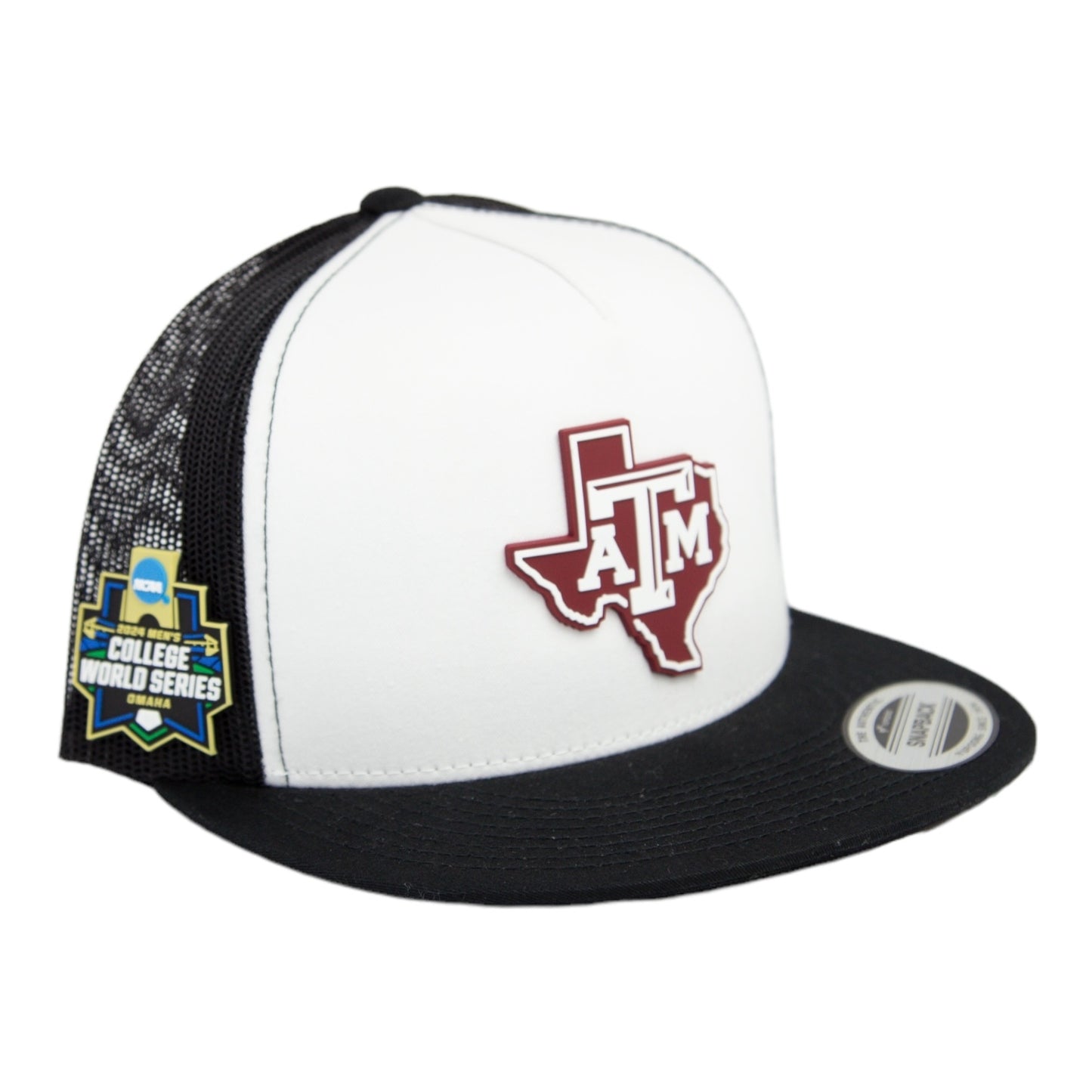 Texas A&M Aggies 2024 Men's College World Series 3D YP Snapback Flat Bill Trucker Hat- White/ Black