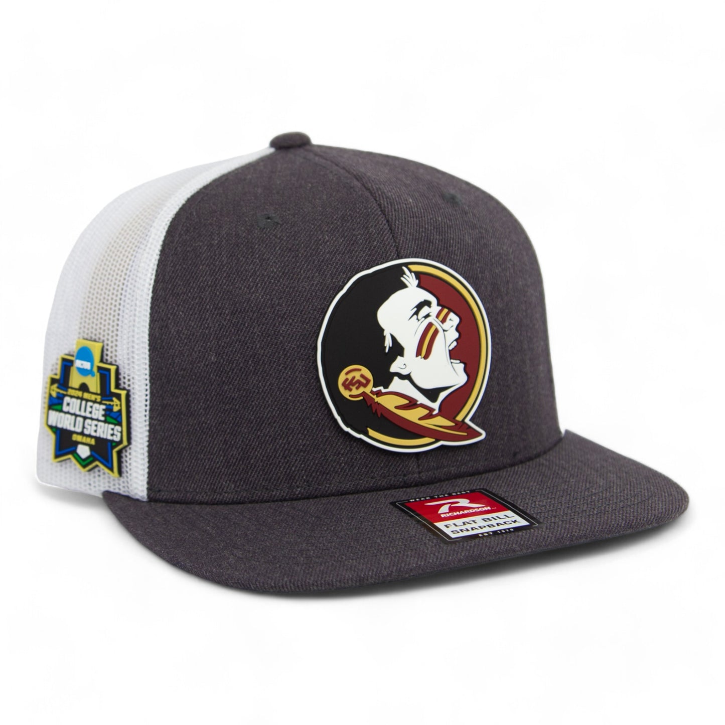 FSU Seminoles 2024 Men's College World Series 3D PVC Patch Wool Blend Flat Bill Hat- Heather Charcoal/ White