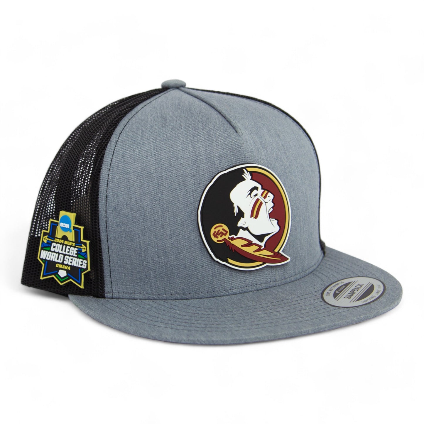 FSU Seminoles 2024 Men's College World Series 3D YP Snapback Flat Bill Trucker Hat- Heather Grey/ Black