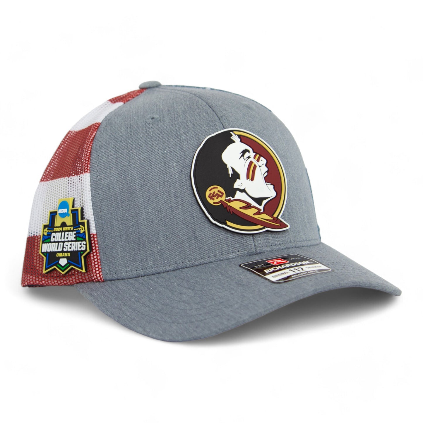 FSU Seminoles 2024 Men's College World Series 3D Patterned Snapback Trucker Hat- Heather Grey/ Stars & Stripes