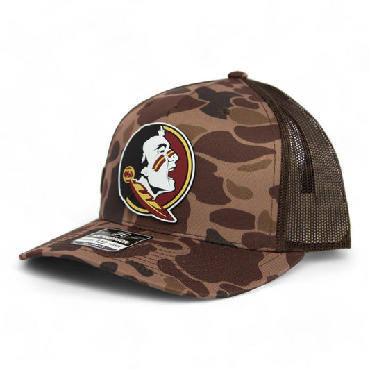 FSU Seminoles 2024 Men's College World Series 3D Snapback Trucker Hat- Bark Duck Camo/ Brown