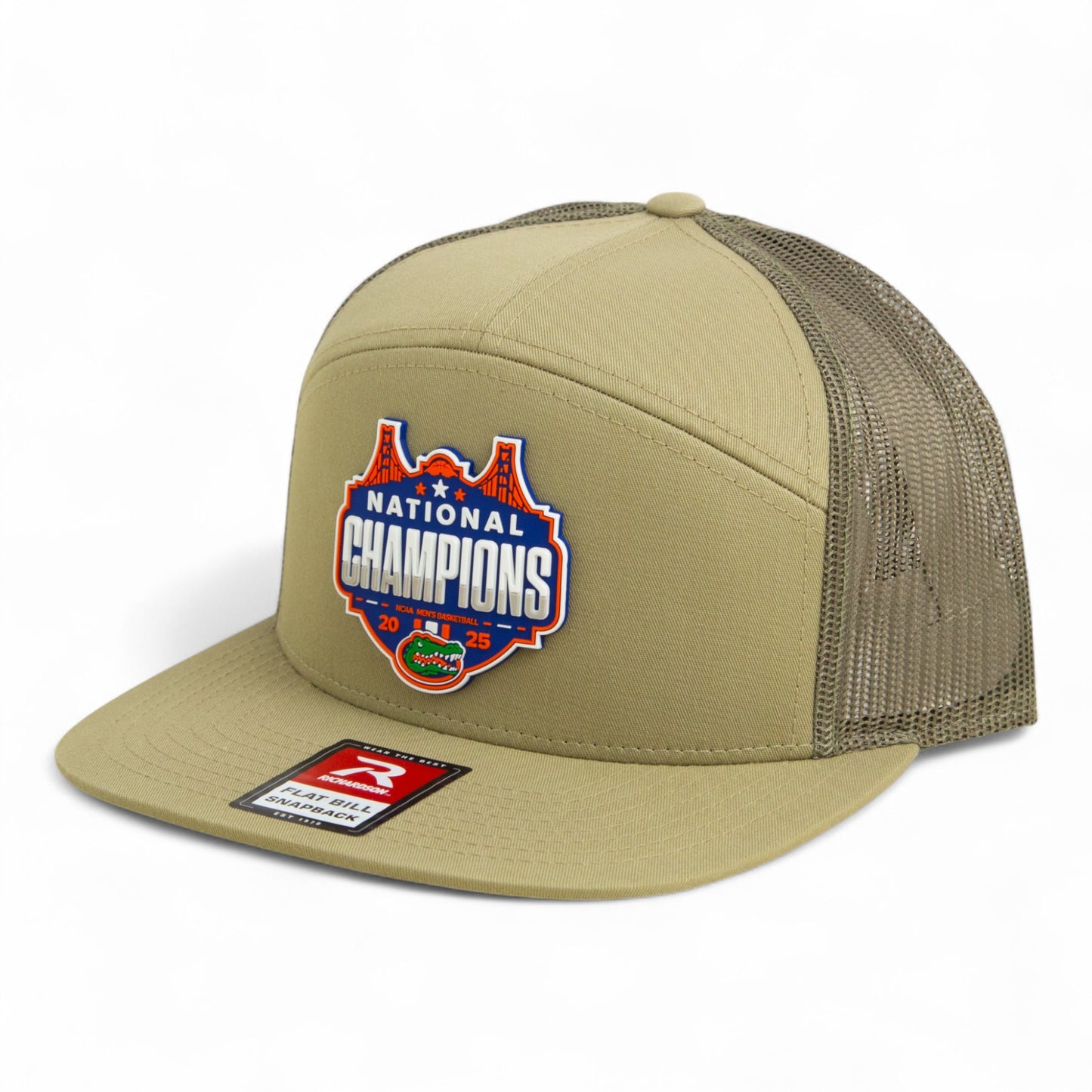 Florida Gators 2025 Basketball National Champions 3D Snapback Seven-Panel Flat Bill Trucker Hat- Pale Khaki/ Loden Green