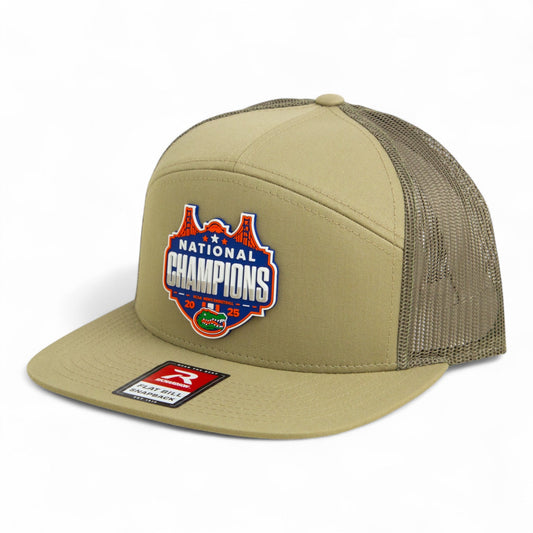Florida Gators 2025 Final Four National Champions 3D Snapback Seven-Panel Flat Bill Trucker Hat- Pale Khaki/ Loden Green