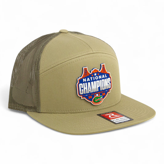Florida Gators 2025 Basketball National Champions 3D Snapback Seven-Panel Flat Bill Trucker Hat- Pale Khaki/ Loden Green
