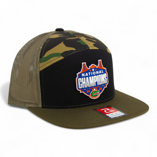 Florida Gators 2025 Basketball National Champions 3D Snapback Seven-Panel Flat Bill Trucker Hat- Black/ Camo/ Loden