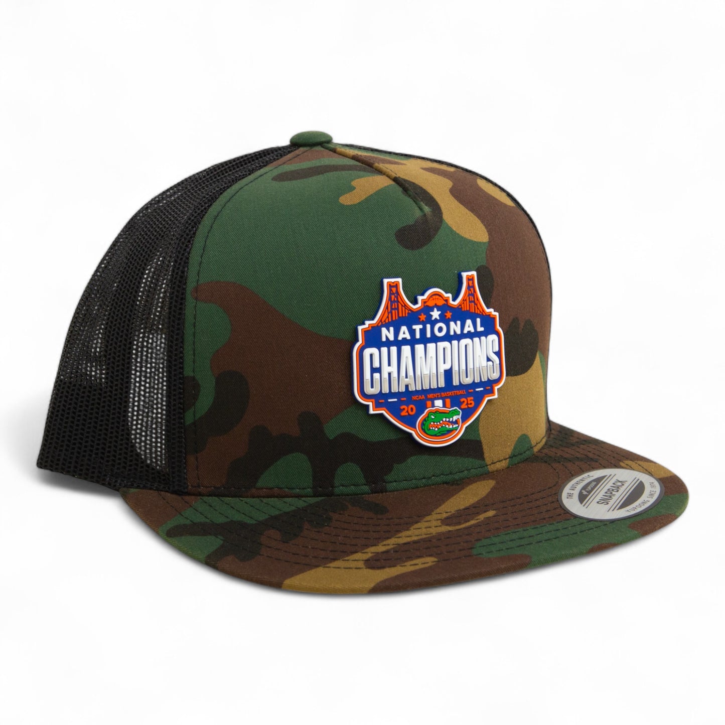 Florida Gators 2025 Basketball National Champions 3D YP Snapback Flat Bill Trucker Hat- Army Camo/ Black