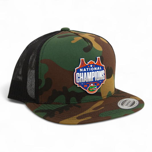 Florida Gators 2025 Basketball National Champions 3D YP Snapback Flat Bill Trucker Hat- Army Camo/ Black
