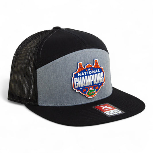 Florida Gators 2025 Basketball National Champions 3D Snapback Seven-Panel Flat Bill Trucker Hat- Heather Grey/ Black