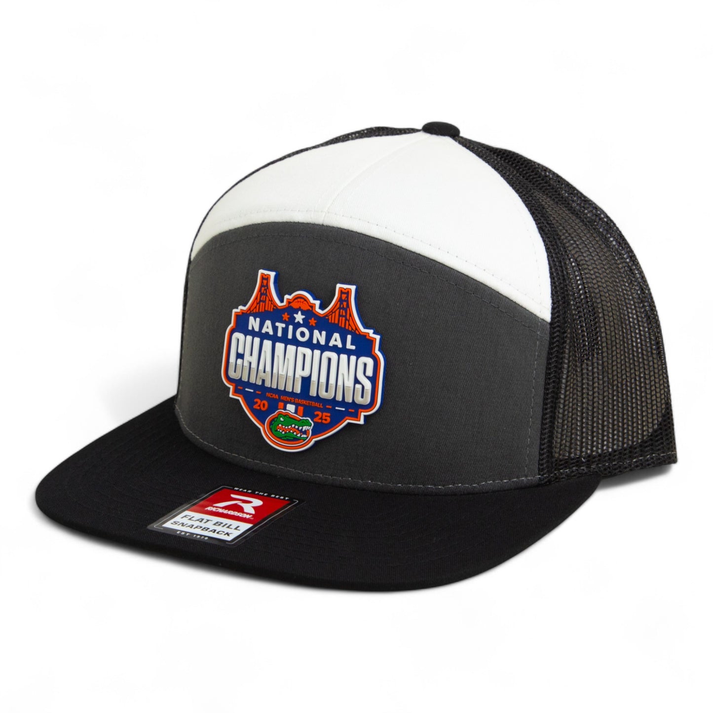 Florida Gators 2025 Basketball National Champions 3D Snapback Seven-Panel Flat Bill Trucker Hat- Charcoal/ White/ Black