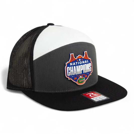 Florida Gators 2025 Basketball National Champions 3D Snapback Seven-Panel Flat Bill Trucker Hat- Charcoal/ White/ Black