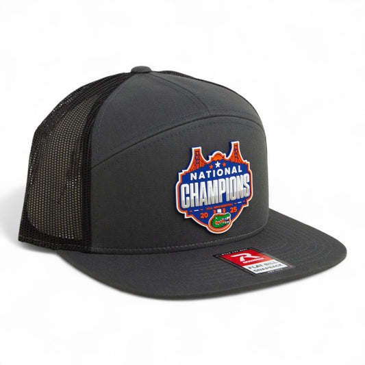 Florida Gators 2025 Basketball National Champions 3D Snapback Seven-Panel Flat Bill Trucker Hat- Charcoal/ Black