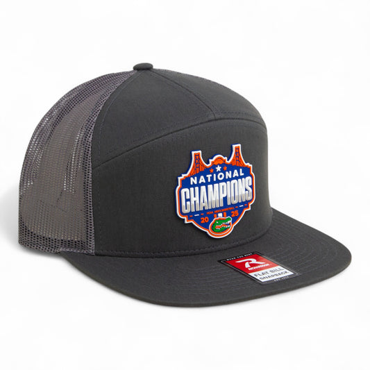 Florida Gators 2025 Basketball National Champions 3D Snapback Seven-Panel Flat Bill Trucker Hat- Charcoal