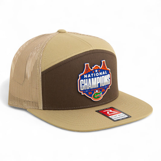 Florida Gators 2025 Basketball National Champions 3D Snapback Seven-Panel Flat Bill Trucker Hat- Brown/ Tan