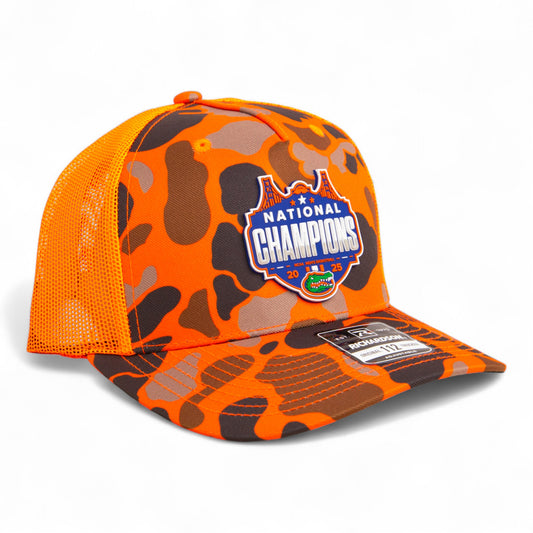 Florida Gators 2025 Basketball National Champions Snapback Trucker Hat- Blaze Duck Camo/ Blaze