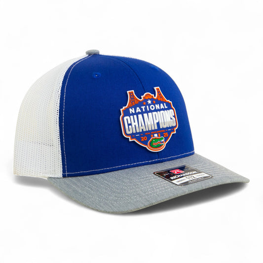 Florida Gators 2025 Basketball National Champions Snapback Trucker Hat- Royal/ White/ Heather Grey