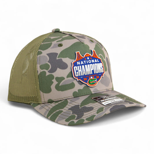 Florida Gators 2025 Basketball National Champions Snapback Trucker Hat- Marsh Duck Camo/ Loden