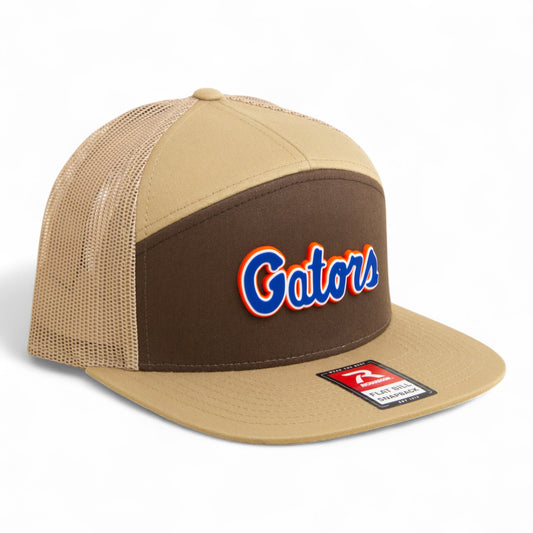 Florida Gators Script Blue 3D Snapback Seven-Panel Flat Bill Trucker Hat- Brown/ Tan