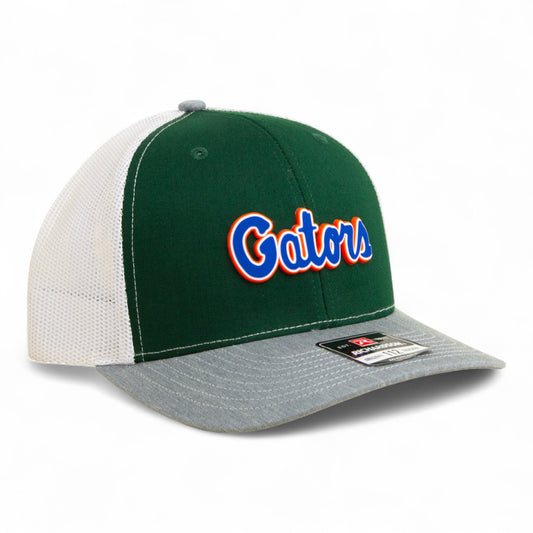 Florida Gators Script Blue 3D Snapback Trucker Hat- Dark Green/ White/ Heather Grey