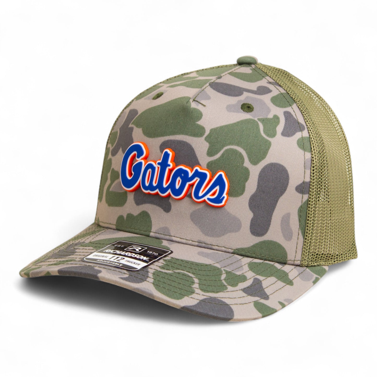 Florida Gators Script Blue 3D Snapback Trucker Hat- Marsh Duck Camo/ Loden