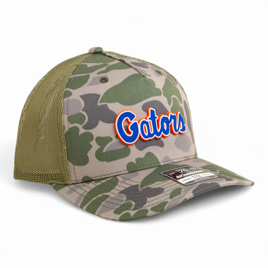 Florida Gators Script Blue 3D Snapback Trucker Hat- Marsh Duck Camo/ Loden