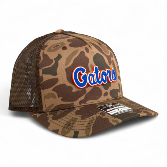 Florida Gators Script Blue 3D Snapback Trucker Hat- Bark Duck Camo/ Brown