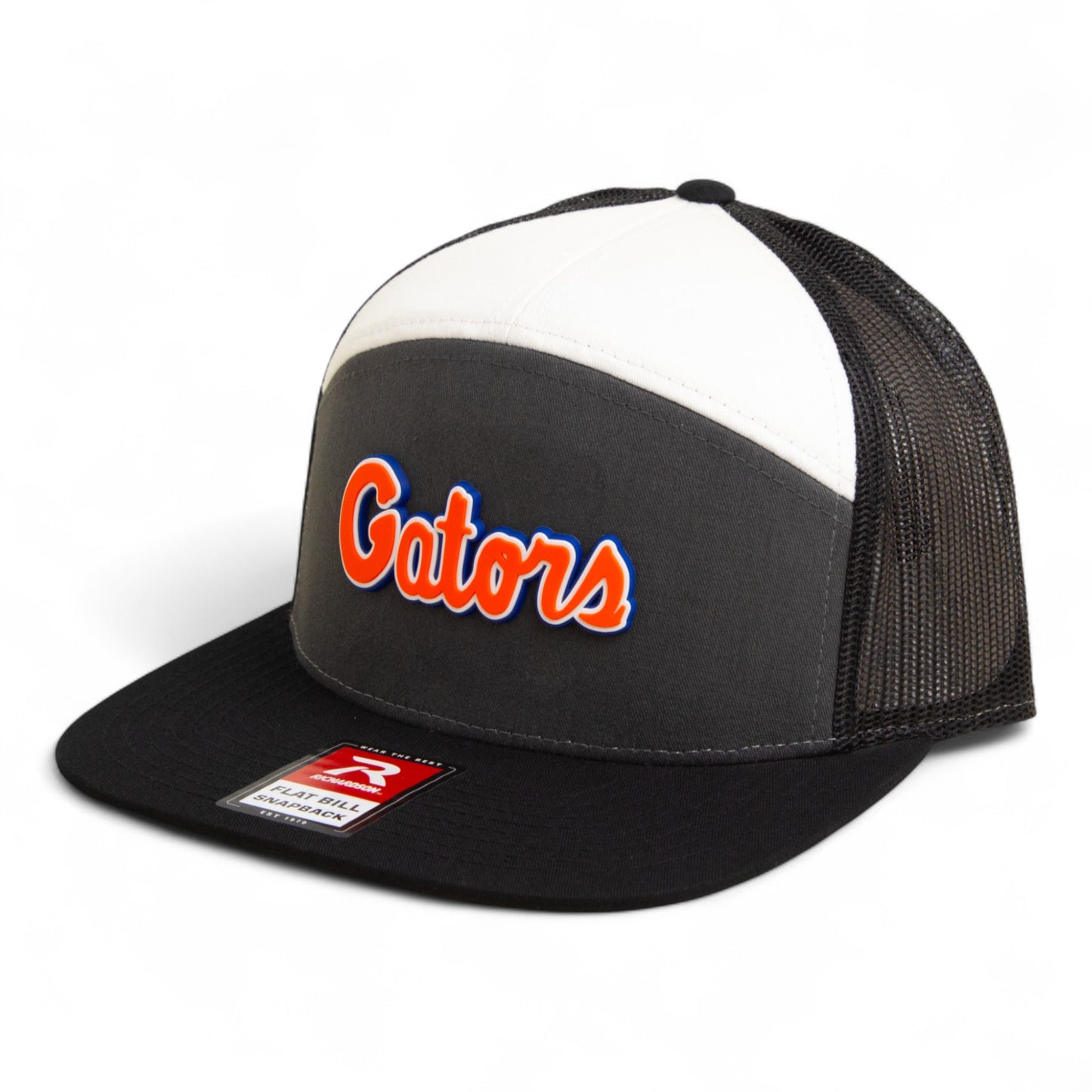 Florida Gators Script Orange 3D Snapback Seven-Panel Flat Bill Trucker Hat- Charcoal/ Black/ White