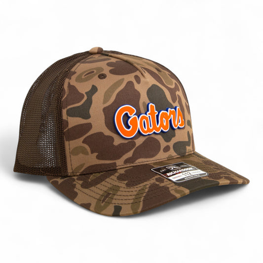 Florida Gators Script Orange 3D Snapback Trucker Hat- Bark Duck Camo/ Brown