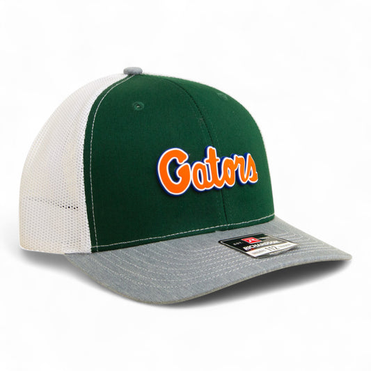 Florida Gators Script Orange 3D Snapback Trucker Hat- Dark Green/ White/ Heather Grey