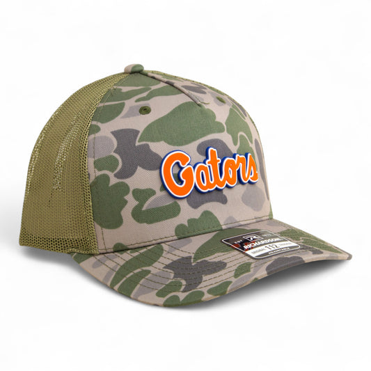 Florida Gators Script Orange 3D Snapback Trucker Hat- Marsh Duck Camo/ Loden