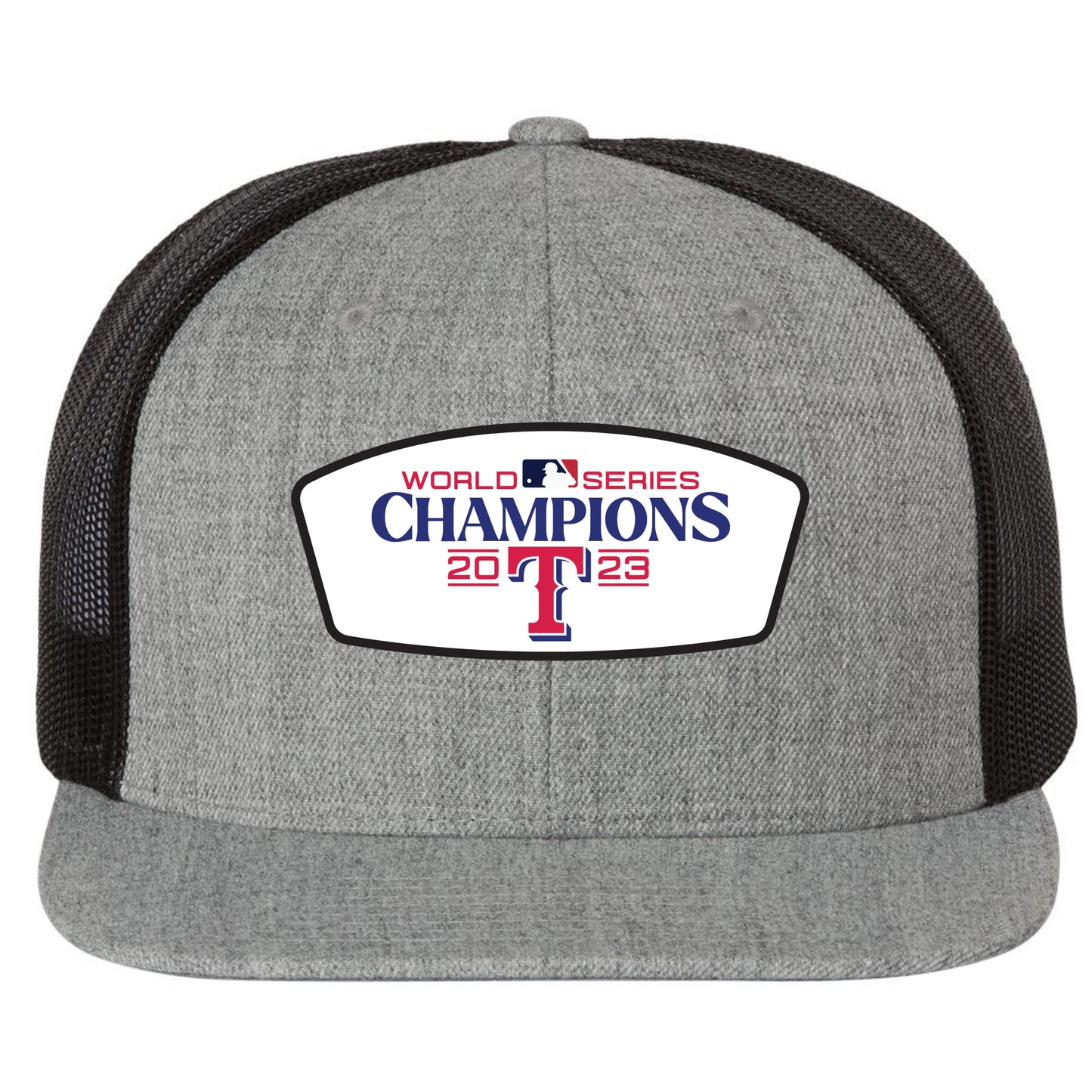 Texas Rangers 2023 World Series Champion 3D PVC Patch Wool Blend Flat Bill Hat- Heather Grey/ Black - Ten Gallon Hat Co.