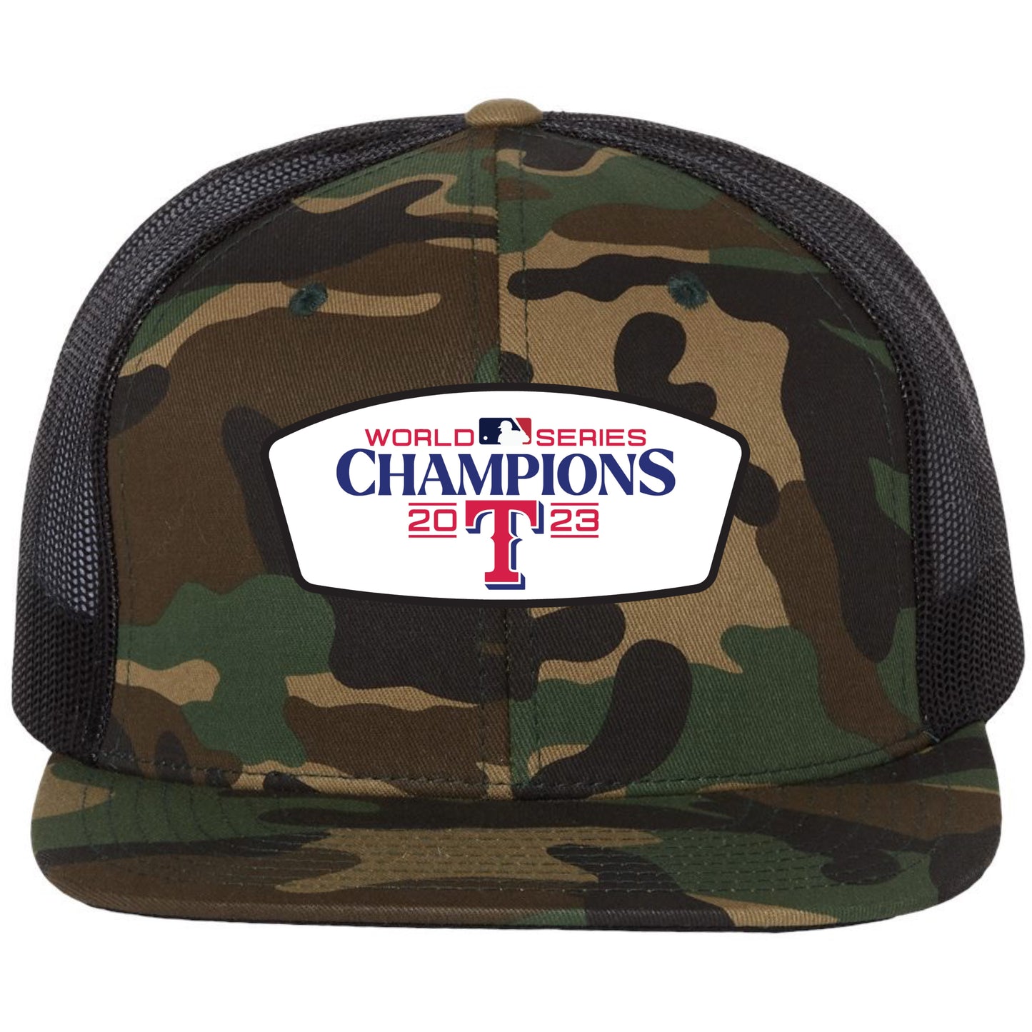 Texas Rangers 2023 World Series Champion 3D PVC Patch Wool Blend Flat Bill Hat- Army Camo/ Black - Ten Gallon Hat Co.