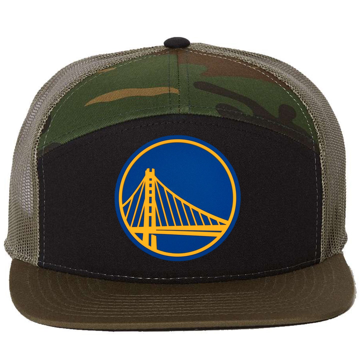 Golden State Warriors 3D Snapback Seven-Panel Trucker Hat- Black/ Camo/ Loden - Ten Gallon Hat Co.