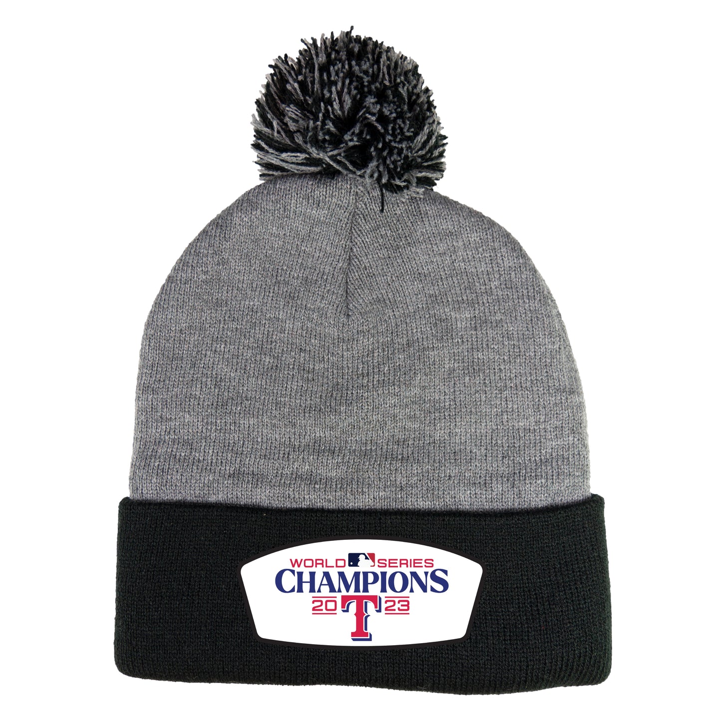 Texas Rangers 2023 World Series Champions 3D 12 in Knit Pom-Pom Top Beanie- Dark Heather Grey/ Black - Ten Gallon Hat Co.