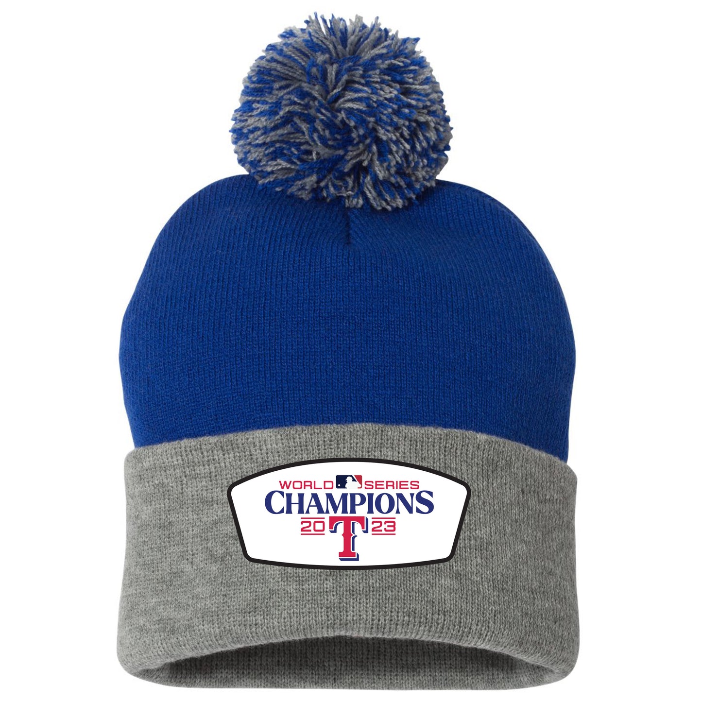 Texas Rangers 2023 World Series Champions 3D 12 in Knit Pom-Pom Top Beanie- Royal/ Grey - Ten Gallon Hat Co.