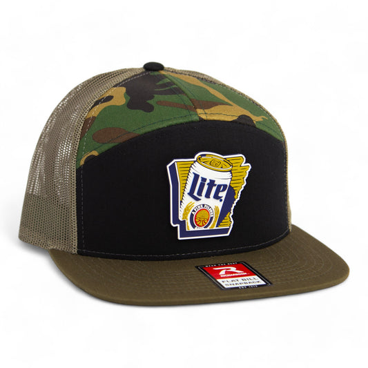 It's Miller Time Arkansas 3D Snapback Seven-Panel Flat Bill Trucker Hat- Black/ Camo/ Loden