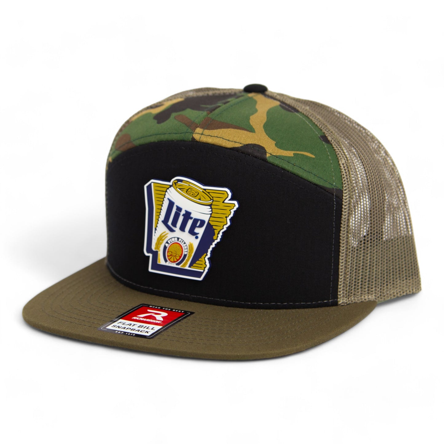 It's Miller Time Arkansas 3D Snapback Seven-Panel Flat Bill Trucker Hat- Black/ Camo/ Loden
