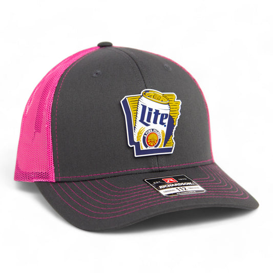 It's Miller Time Arkansas 3D Snapback Trucker Hat- Charcoal/ Neon Pink