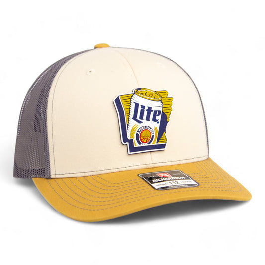 It's Miller Time Arkansas 3D Snapback Trucker Hat- Mink Beige/ Charcoal/ Amber Gold